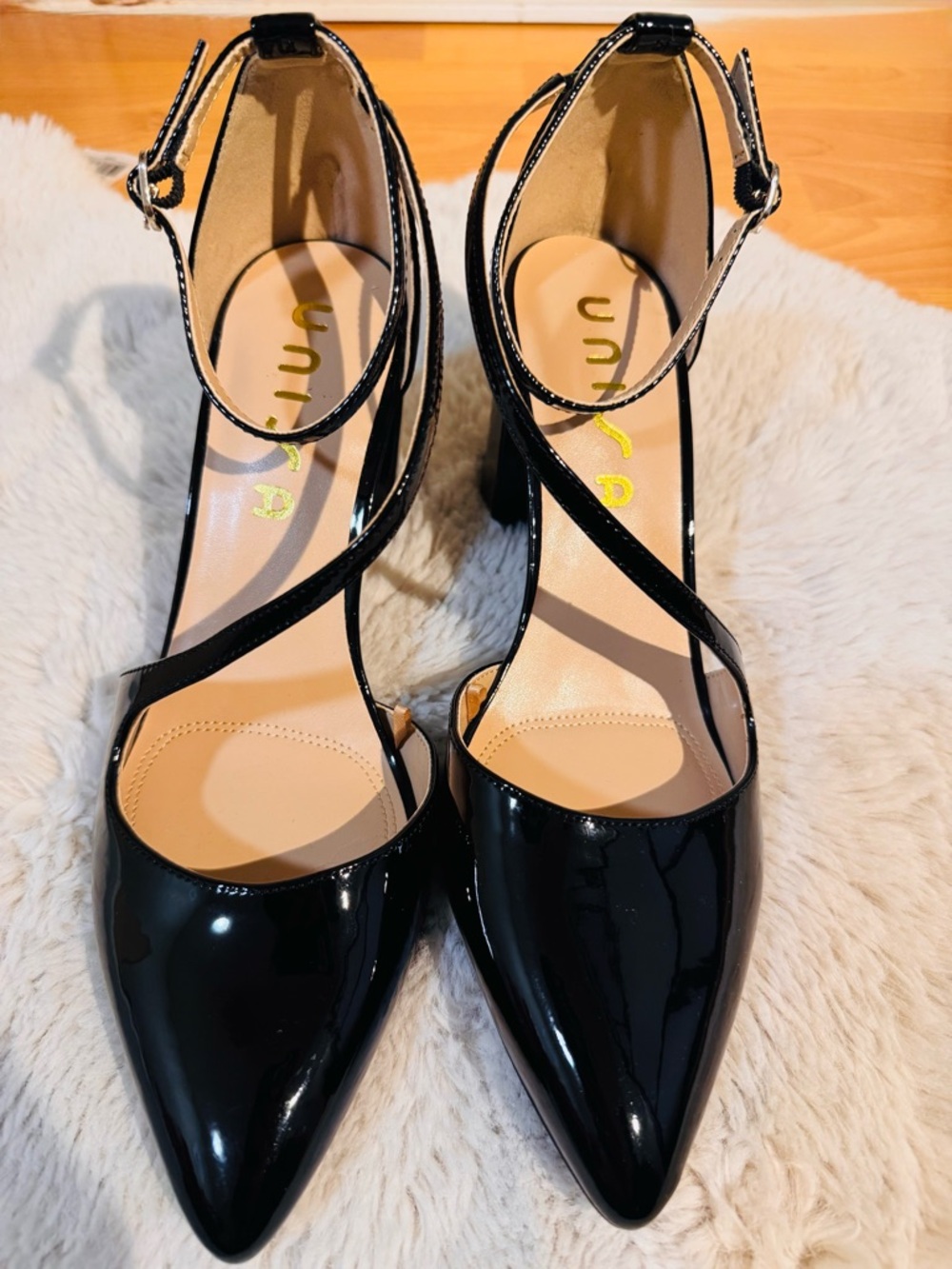 Unisa Black Patent Pointed Ankle-Strap Block Heels